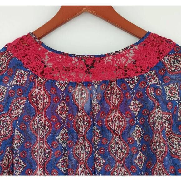 Lucky Brand Peasant Top Womens Medium Blue Sheer Lace Crochet Boho Vibe - Picture 6 of 13